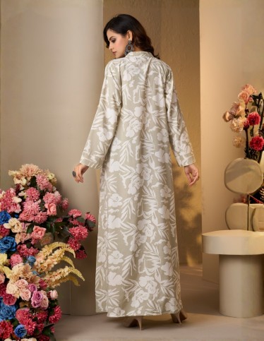 Women's White Leaf Print Jalabiya - Sage Beige