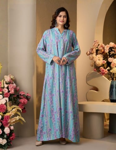 Colorful Floral and Striped Jalabiya - Sky Blue