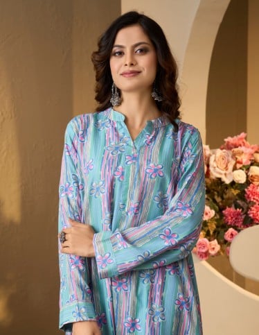Colorful Floral and Striped Jalabiya - Sky Blue