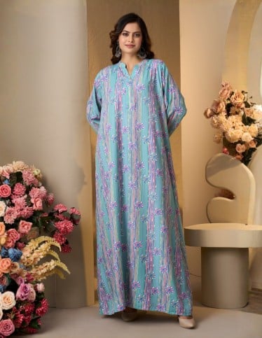 Colorful Floral and Striped Jalabiya - Sky Blue