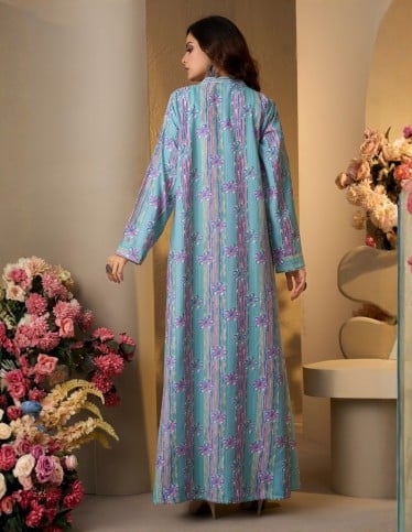 Colorful Floral and Striped Jalabiya - Sky Blue