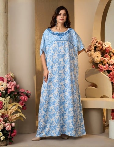 Blue Floral Kaftan Jalabiya with Embroidered Neckline - White & Blue