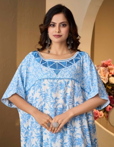 Blue Floral Kaftan Jalabiya with Embroidered Neckline - White & Blue
