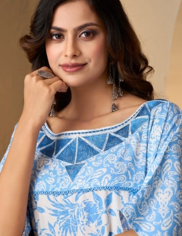 Blue Floral Kaftan Jalabiya with Embroidered Neckline - White & Blue