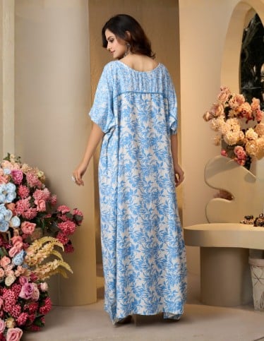 Blue Floral Kaftan Jalabiya with Embroidered Neckline - White & Blue