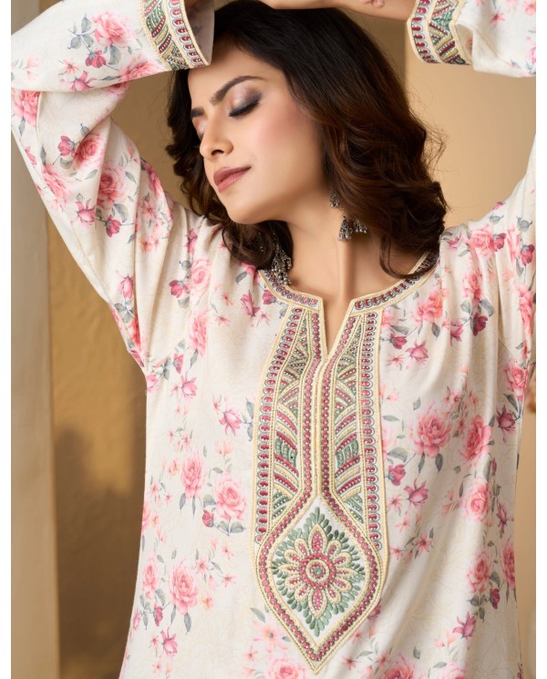 Elegant Floral Pink Embroidered Jalabiya