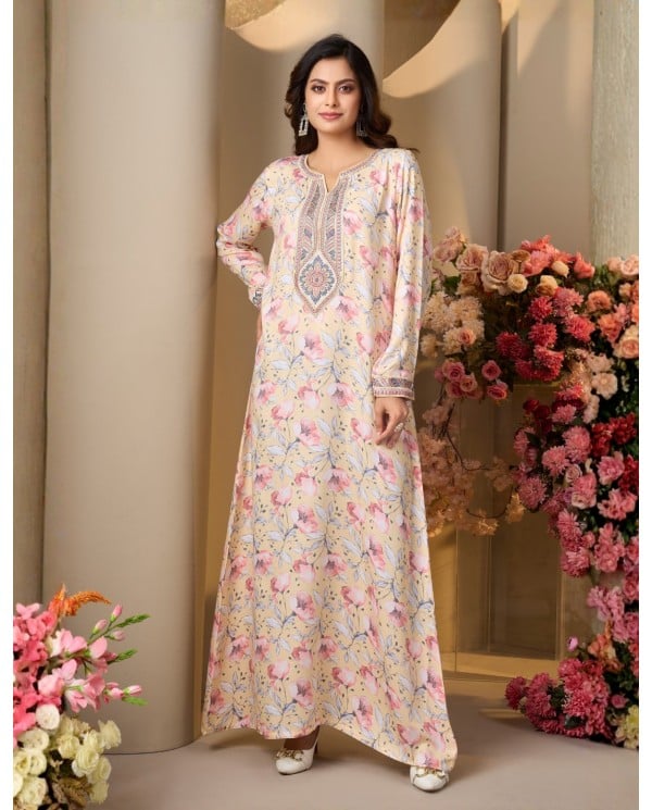 Elegant Cream Floral Embroidered Jalabiya