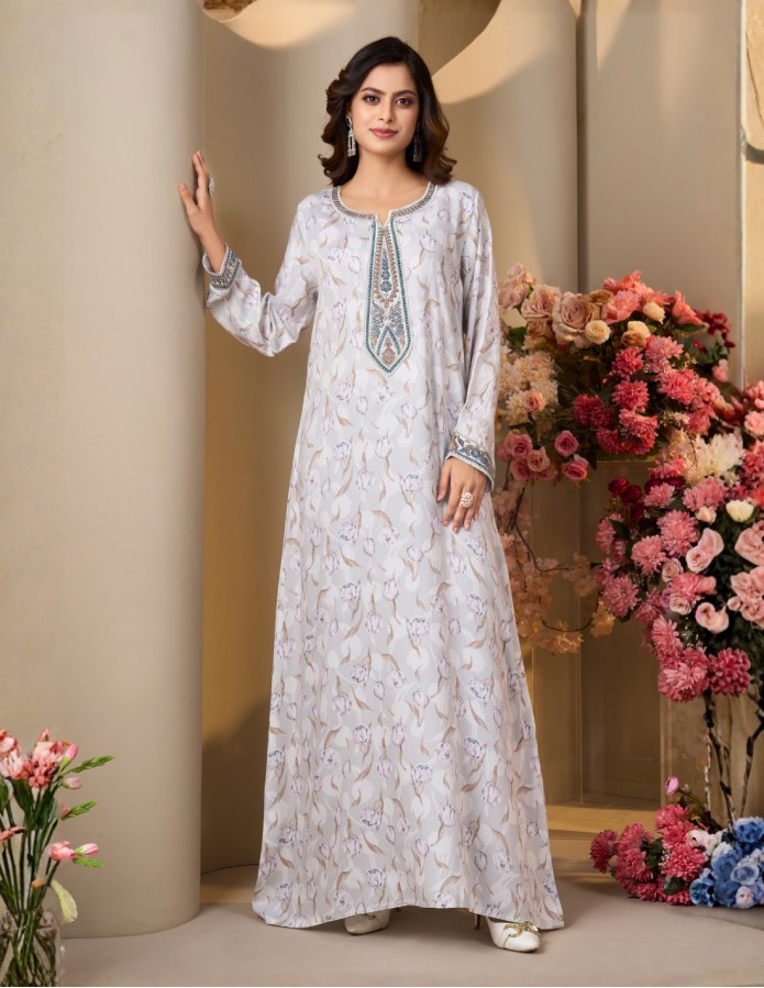 Sophisticated Tulip Print Embroidered Jalabiya