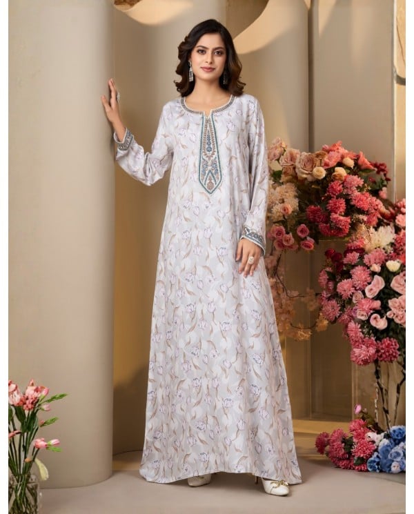 Sophisticated Tulip Print Embroidered Jalabiya