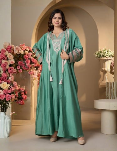 Teal Layered Jalabiya with Decorative Tassels