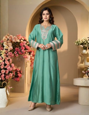 Teal Layered Jalabiya with Decorative Tassels