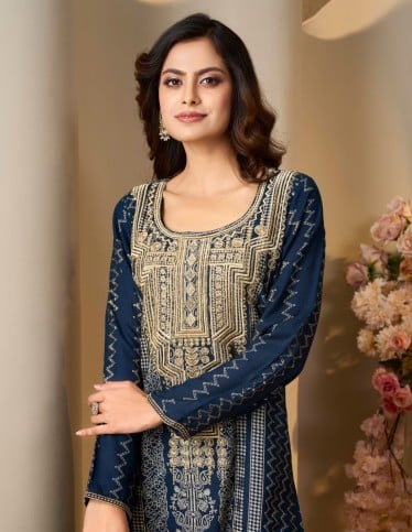 Navy Blue Jalabiya with Gold Embroidery