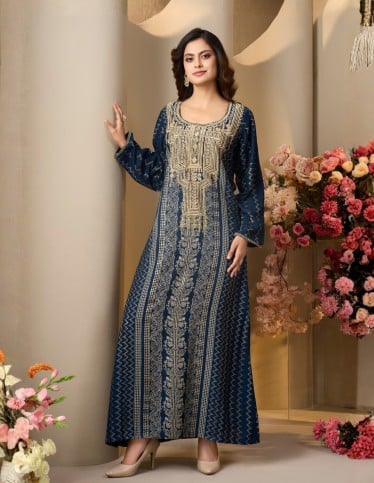 Navy Blue Jalabiya with Gold Embroidery