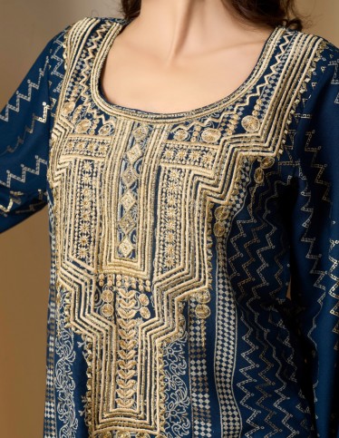 Navy Blue Jalabiya with Gold Embroidery