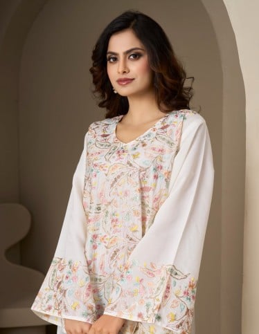 White Jalabiya with Pastel Floral Embroidery