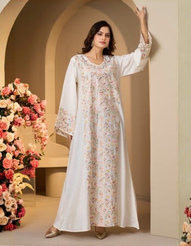White Jalabiya with Pastel Floral Embroidery