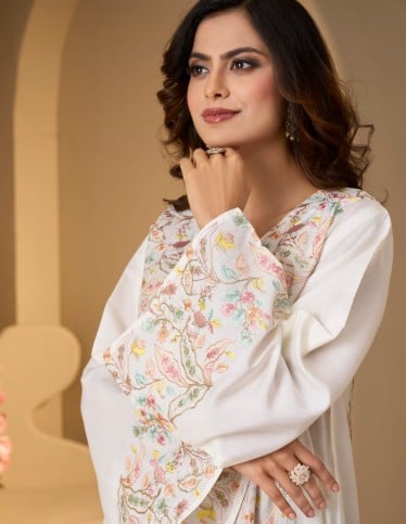 White Jalabiya with Pastel Floral Embroidery