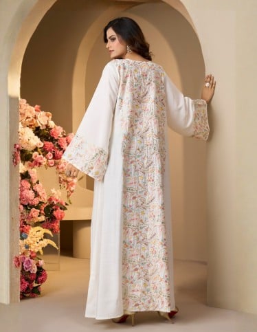 White Jalabiya with Pastel Floral Embroidery