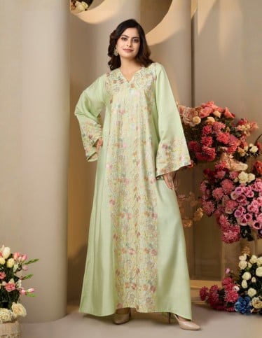 Light Green Jalabiya with Colorful Embroidery