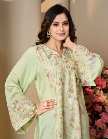 Light Green Jalabiya with Colorful Embroidery
