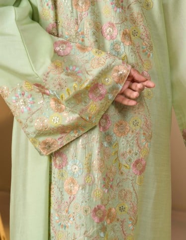 Light Green Jalabiya with Colorful Embroidery