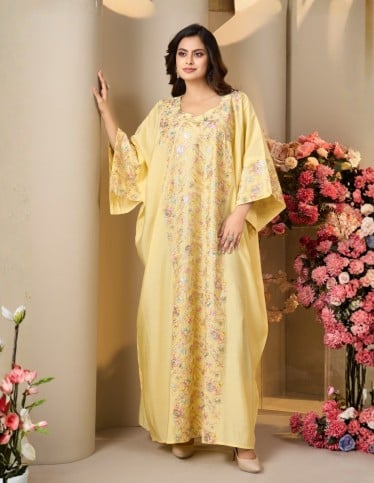 Elegant Yellow Floral Embroidered Jalabiya