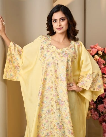 Elegant Yellow Floral Embroidered Jalabiya