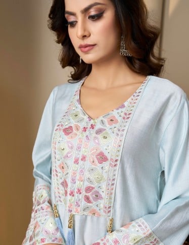 Light Blue Mirror Work Tassel Jalabiya
