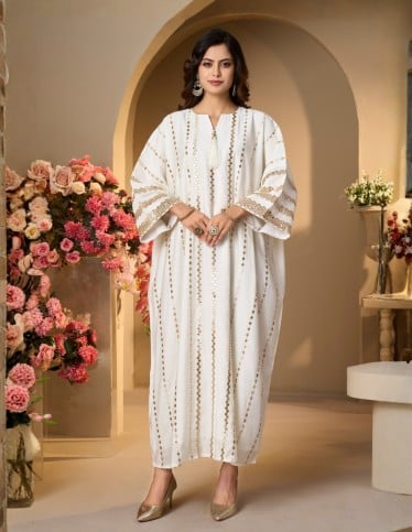 Radiant White Embellished Jalabiya with Tassel