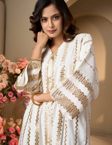 Golden Shimmer V-Neck White Jalabiya