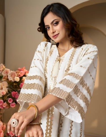 Golden Shimmer V-Neck White Jalabiya