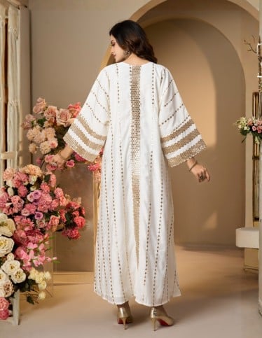 Golden Shimmer V-Neck White Jalabiya