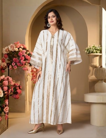 Golden Shimmer V-Neck White Jalabiya