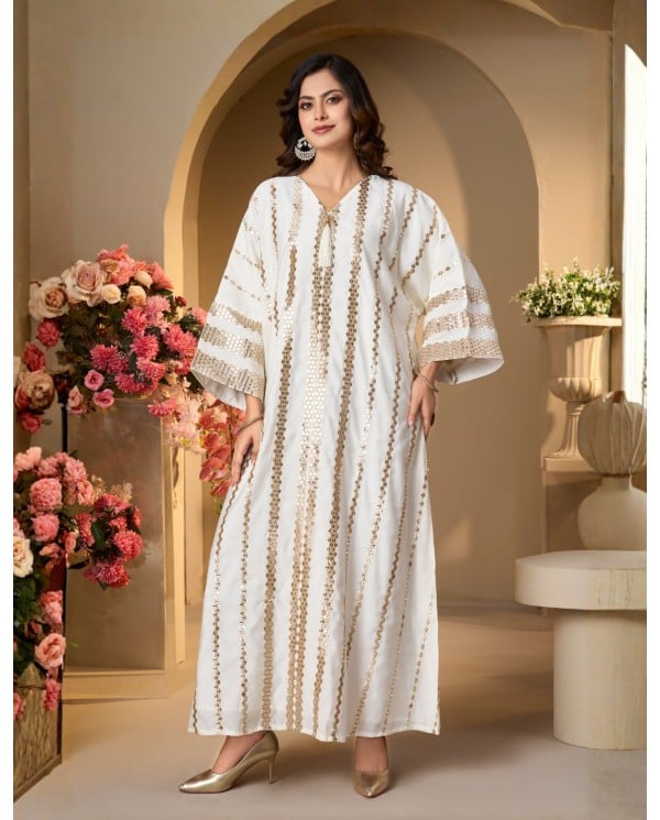 Golden Shimmer V-Neck White Jalabiya