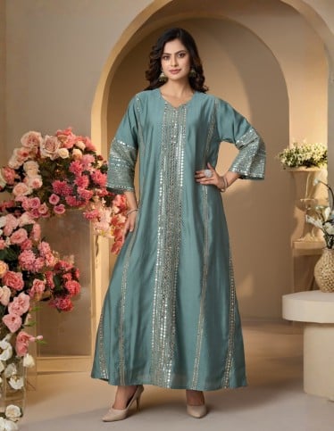 Serene Teal Mirror-Work Jalabiya