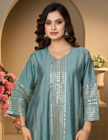 Serene Teal Mirror-Work Jalabiya
