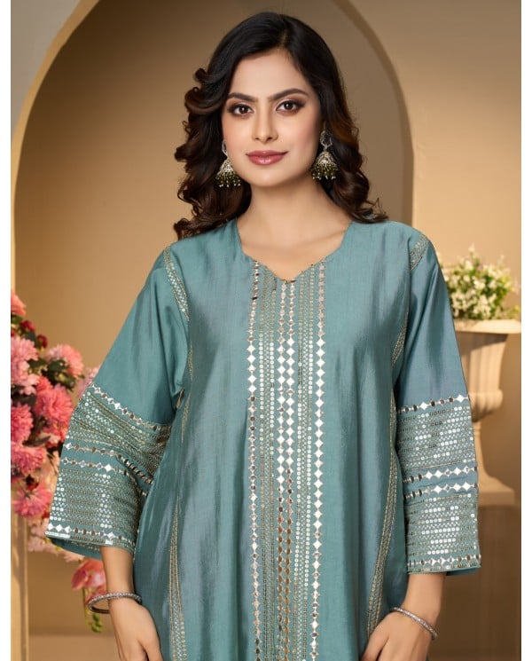 Serene Teal Mirror-Work Jalabiya