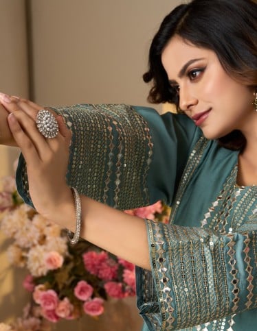 Serene Teal Mirror-Work Jalabiya