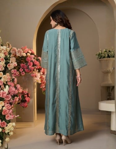 Serene Teal Mirror-Work Jalabiya