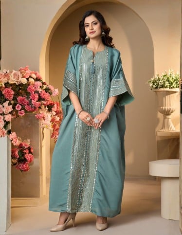 Teal Elegance Sequined Kaftan Jalabiya
