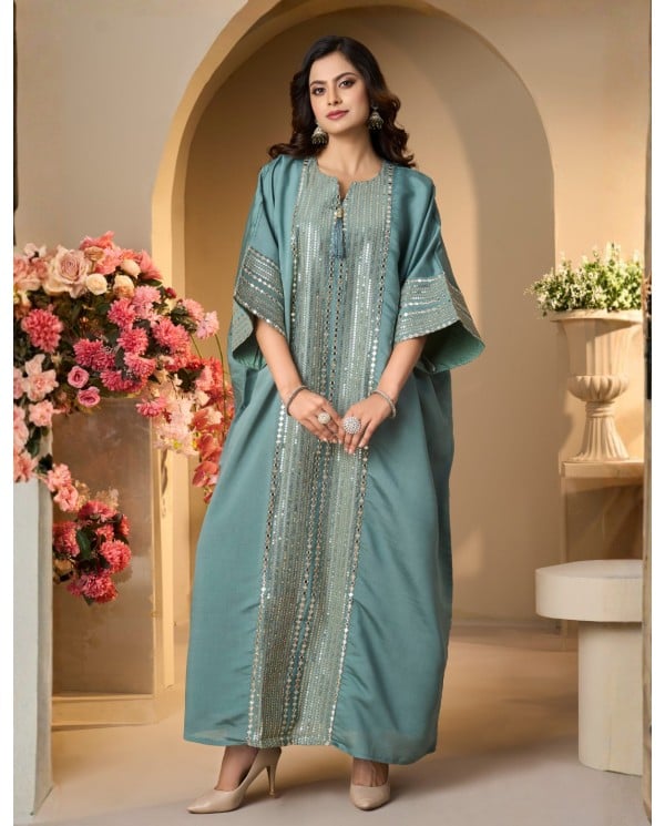 Teal Elegance Sequined Kaftan Jalabiya
