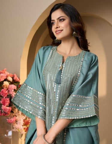 Teal Elegance Sequined Kaftan Jalabiya