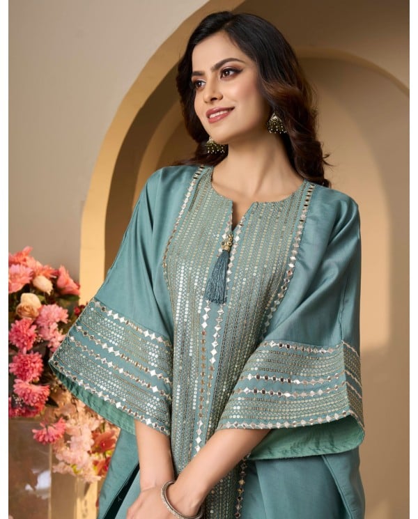 Teal Elegance Sequined Kaftan Jalabiya