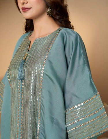Teal Elegance Sequined Kaftan Jalabiya