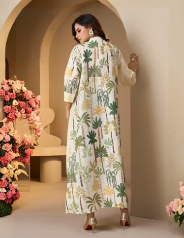 Palm Breeze Off-White Printed Jalabiya
