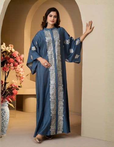 Elegant Indigo Embroidered Kaftan Dress
