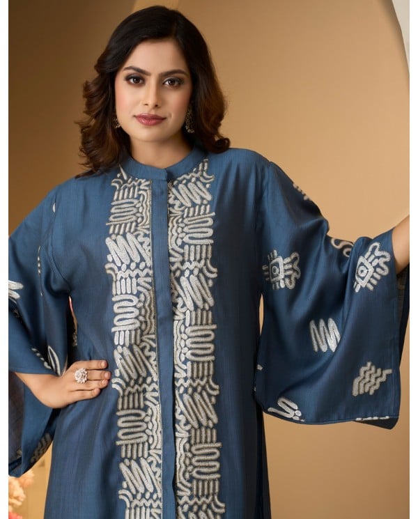 Elegant Indigo Embroidered Kaftan Dress