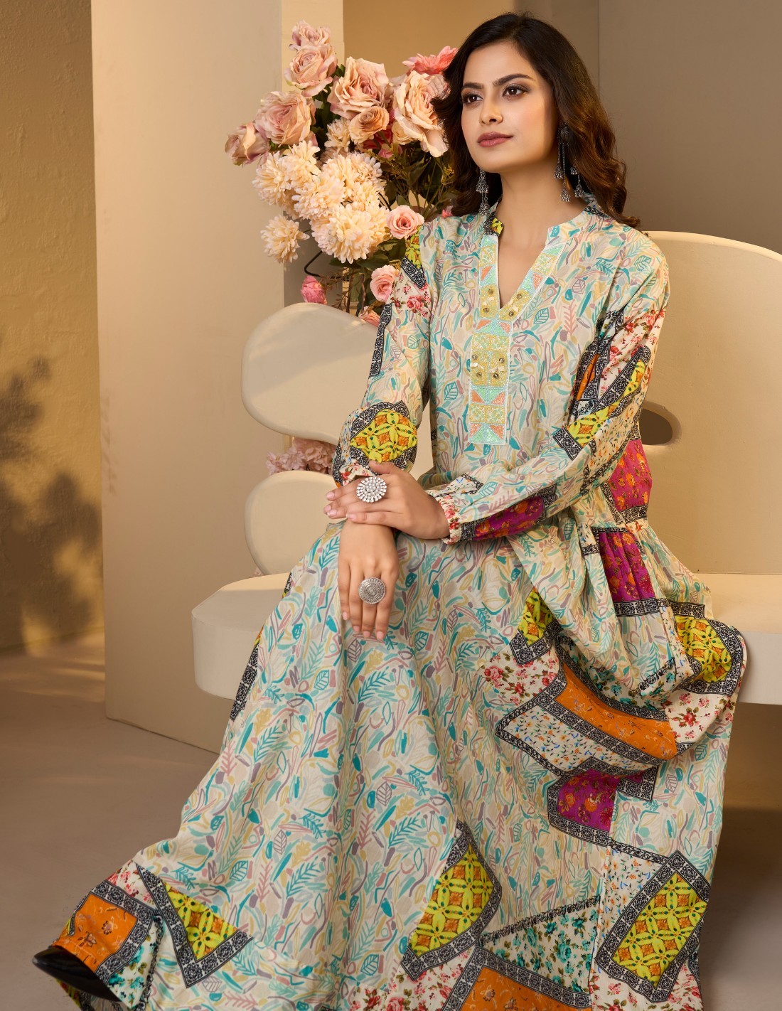 Vibrant Patchwork Printed Jalabiya