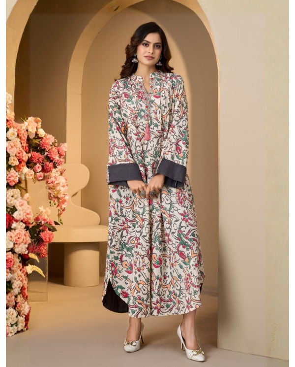 Multi-Color Abstract Print Mandarin Collar Jalabiya