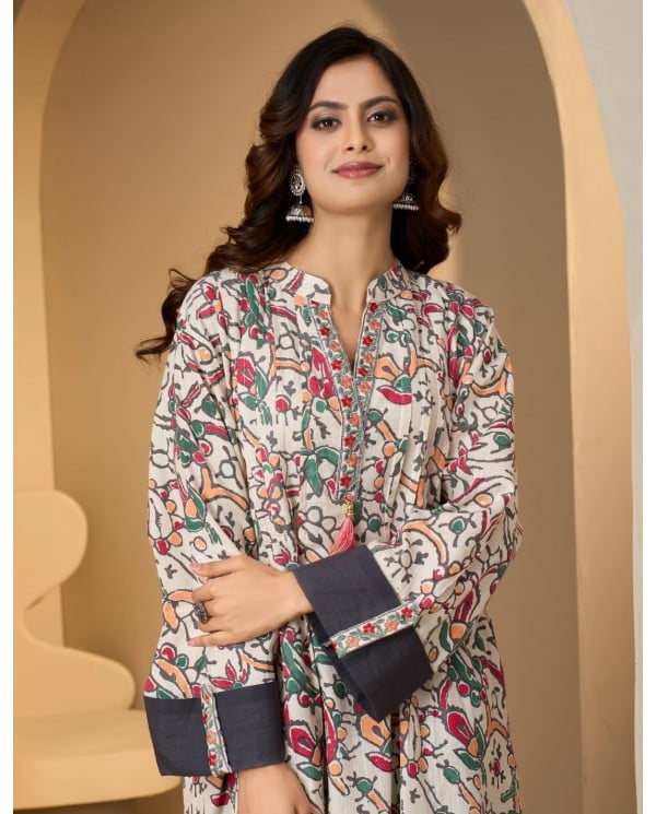 Multi-Color Abstract Print Mandarin Collar Jalabiya